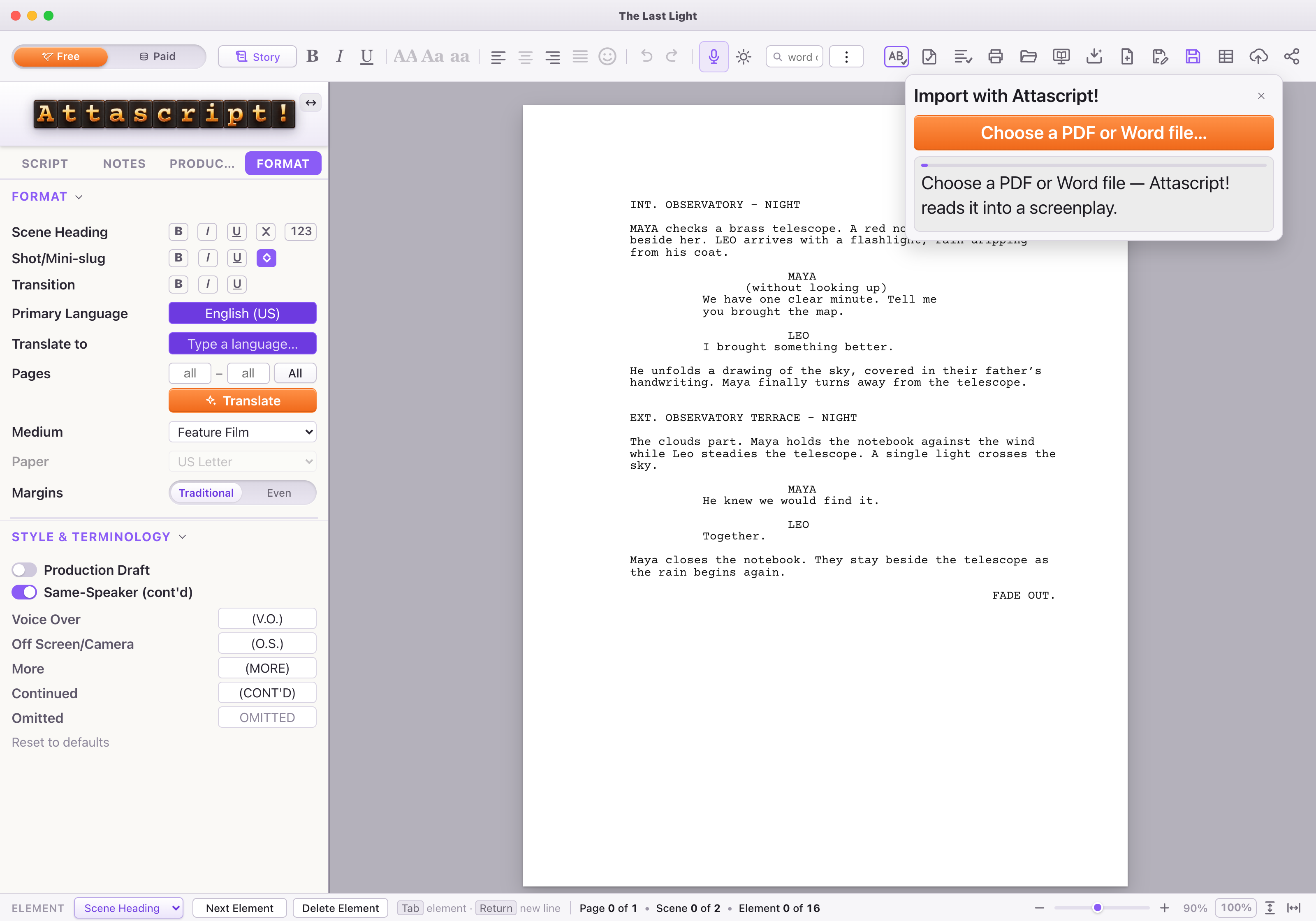 The import tray is open. Use its file button to choose the document; the tray also carries progress and errors.