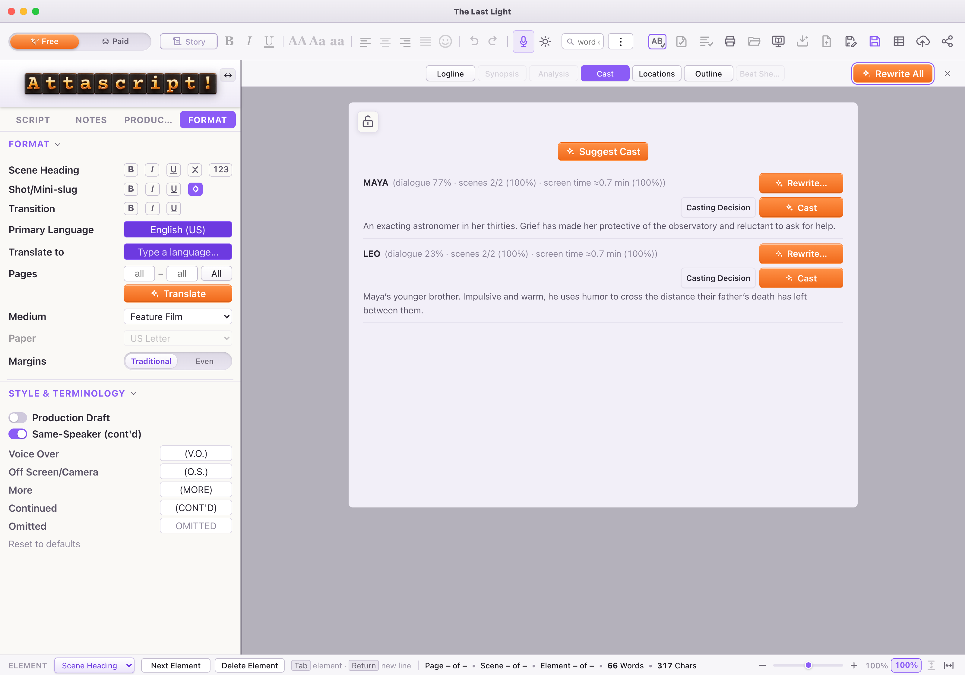 Illustrative character descriptions in the Cast page; the per-character writing and casting controls are visible.