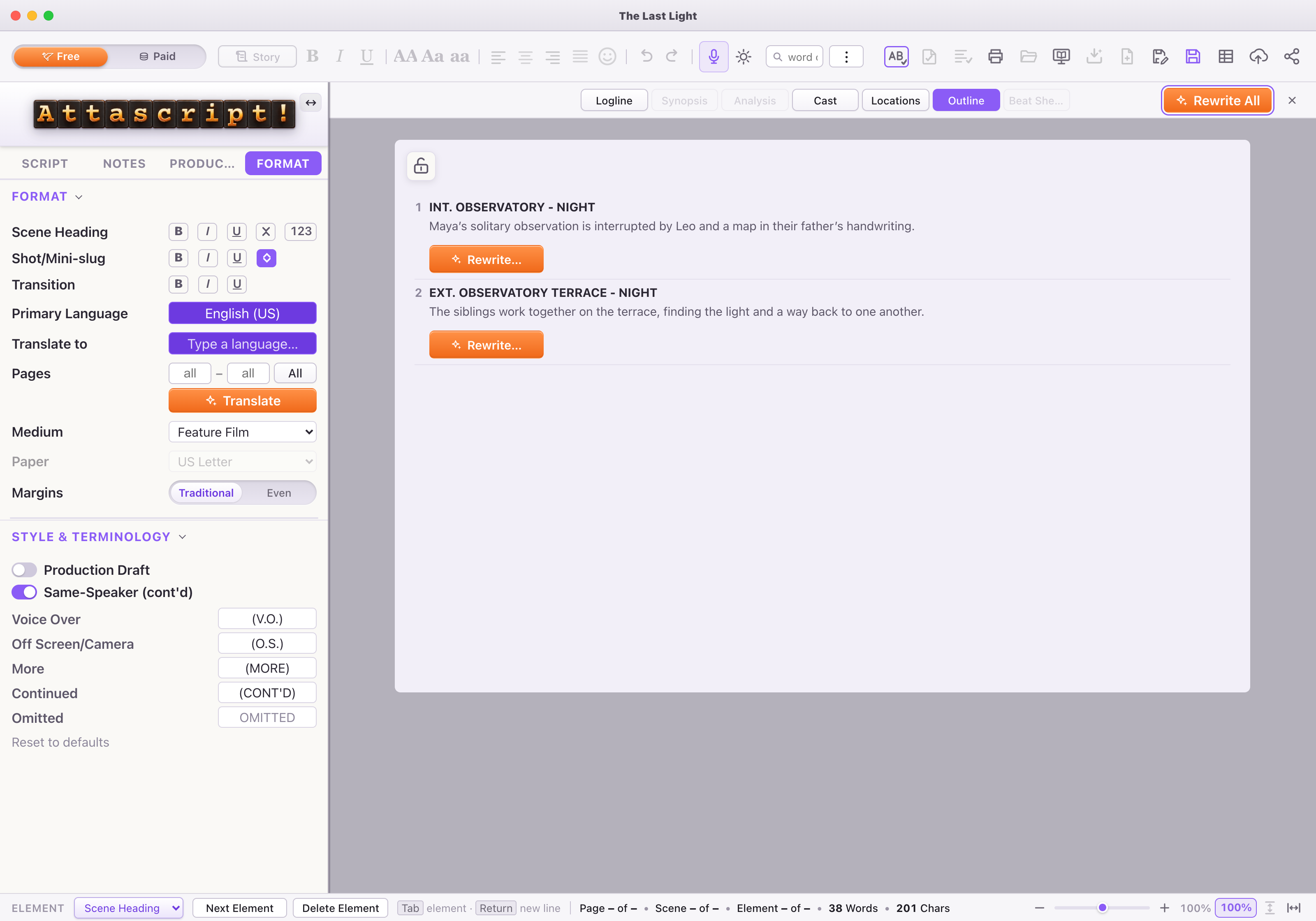 Illustrative Outline: the screenplay’s two scenes, each with a short editable description.