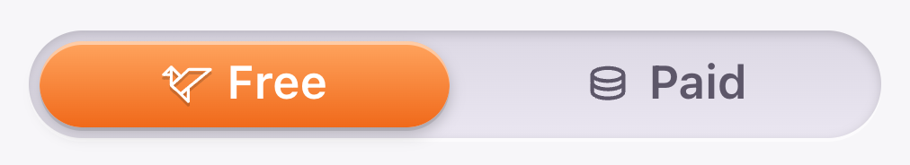 Close-up of the actual Free/Paid pill: Free selected on the left in orange.